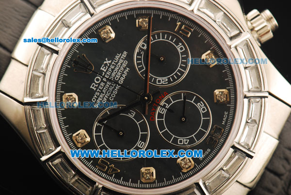 Rolex Daytona Chronograph Swiss Valjoux 7750 Automatic Movement Steel Case with Diamond Markers and Bezel-Black Leather Strap - Click Image to Close